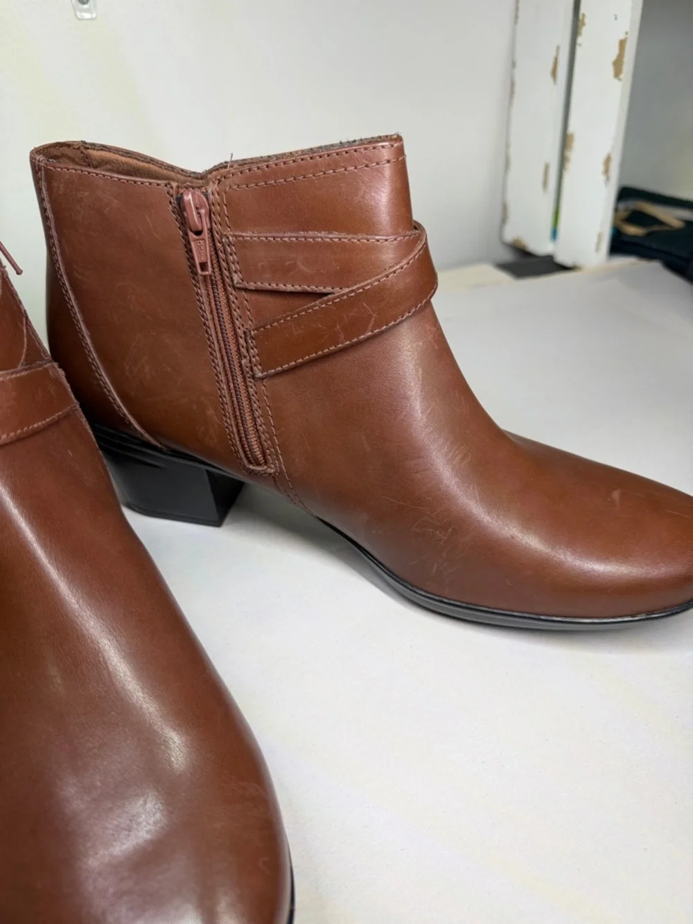 Women's Brown Leather Ankle Boots with Buckle Detail‎